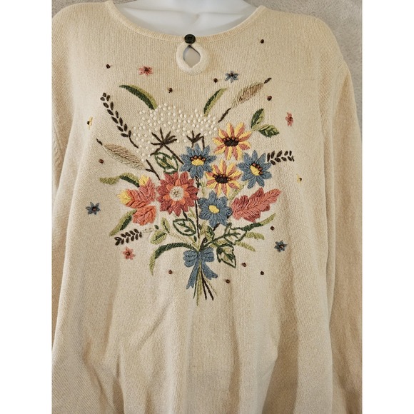 Alfred Dunner Sweater Womens 2X Ecru Embroidered Floral Granny Chic Cottagecore - Picture 2 of 12